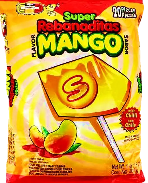 Wholesale REBANADITAS SUPER MANGO LOLLIPOP W/CHILI BAG 20CT- Get bulk discounts at Mexmax INC.