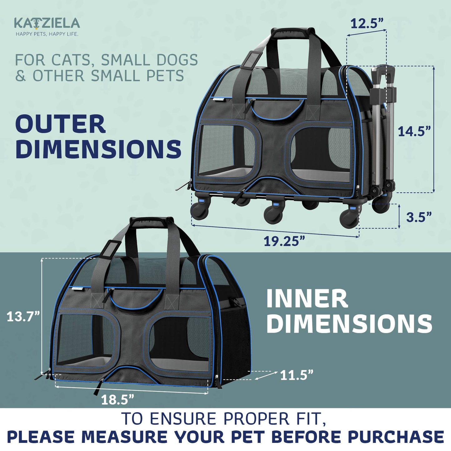 Katziela - Luxury Rider Pet Carrier with Removable Wheels - 4 Colors