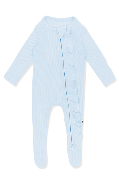 Ribbed Ruffle Zipper Footie in Breeze