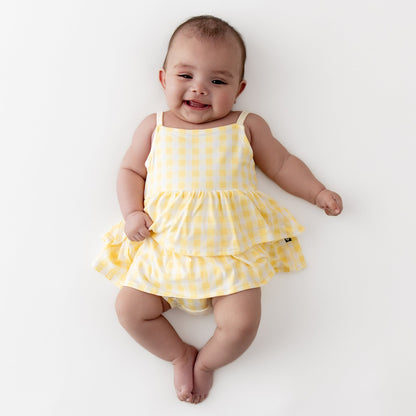 Spaghetti Strap Ruffle Romper in Gingham Chamomile