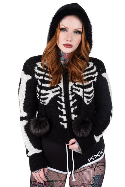 Bony Rib Cage Skeleton Fur Zip Sweater [BLACK/WHITE]