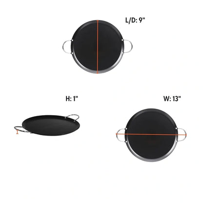 Wholesale Imusa Round Comal made of non-stick carbon steel, 9 inches, available on Mexmax INC for versatile cooking.