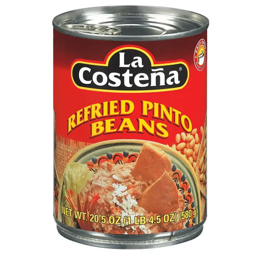 Wholesale La Costena Refried Pinto Beans- 20.5oz can for your Mexican grocery needs.