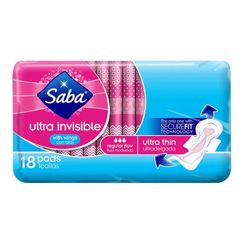 Get wholesale Saba Ultra Invisible Thin Regular with Wings Pink 18ct at Mexmax INC.