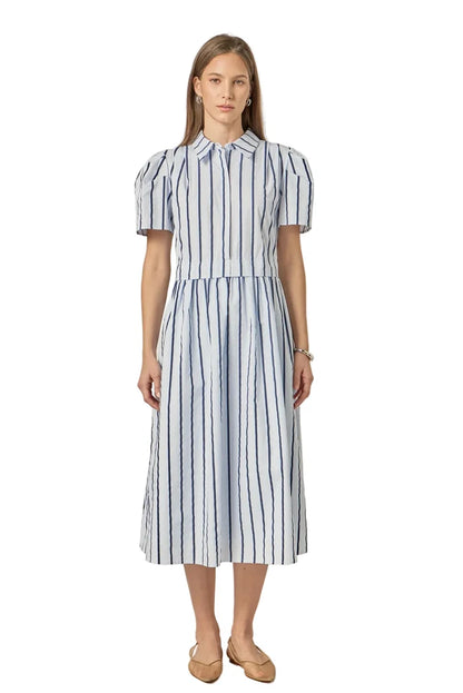 Striped Pleated Shoulder Shirt Midi Dress (Blue Stripe)