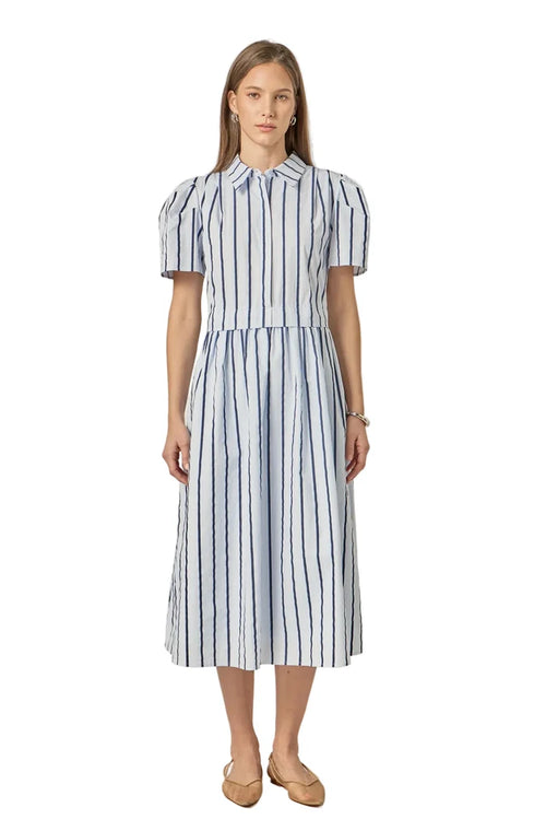 Striped Pleated Shoulder Shirt Midi Dress (Blue Stripe)
