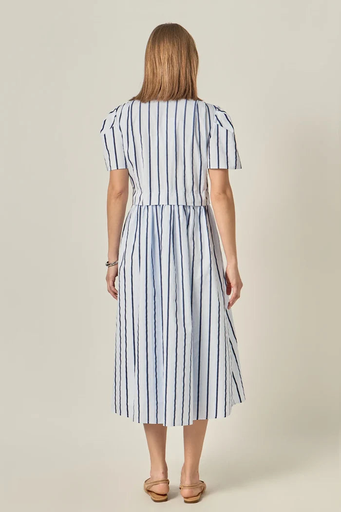 Striped Pleated Shoulder Shirt Midi Dress (Blue Stripe)
