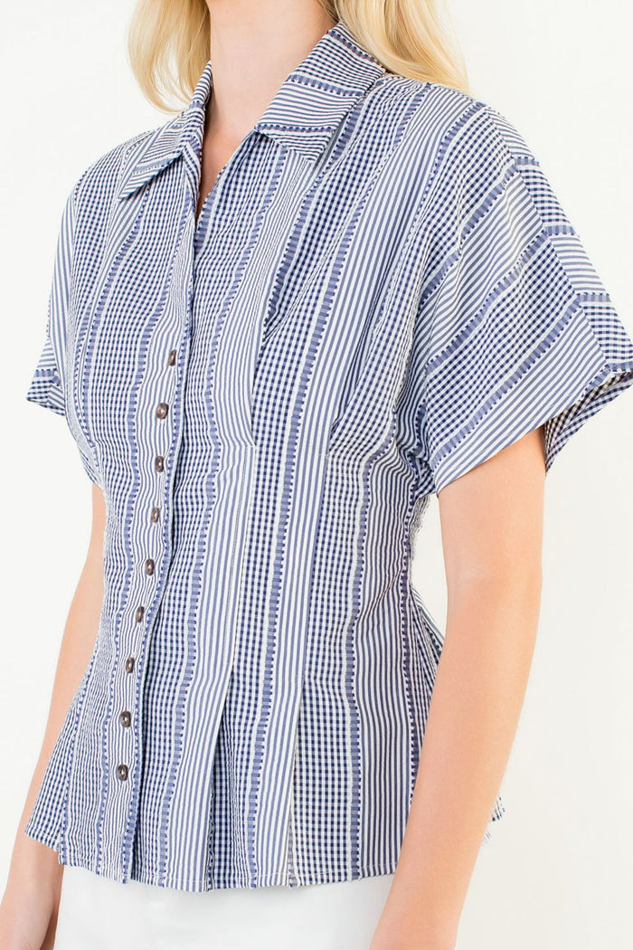 Stripes Gingham Button Up Top (Blue)