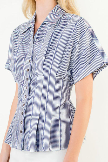 Stripes Gingham Button Up Top (Blue)