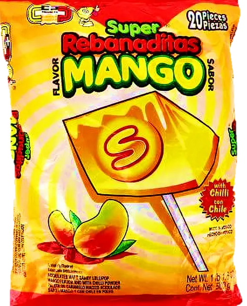 Wholesale REBANADITAS SUPER MANGO LOLLIPOP W/CHILI BAG 20CT- Get bulk discounts at Mexmax INC.