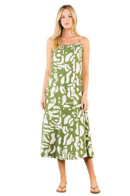 Thin Strap Print Midi Dress (Vert)