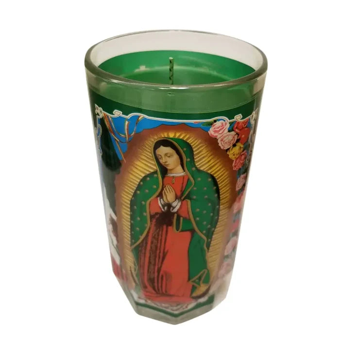 Wholesale La Virgen De Guadalupe Candle (Green, Large Cup)- Spiritual ambiance at Mexmax INC.